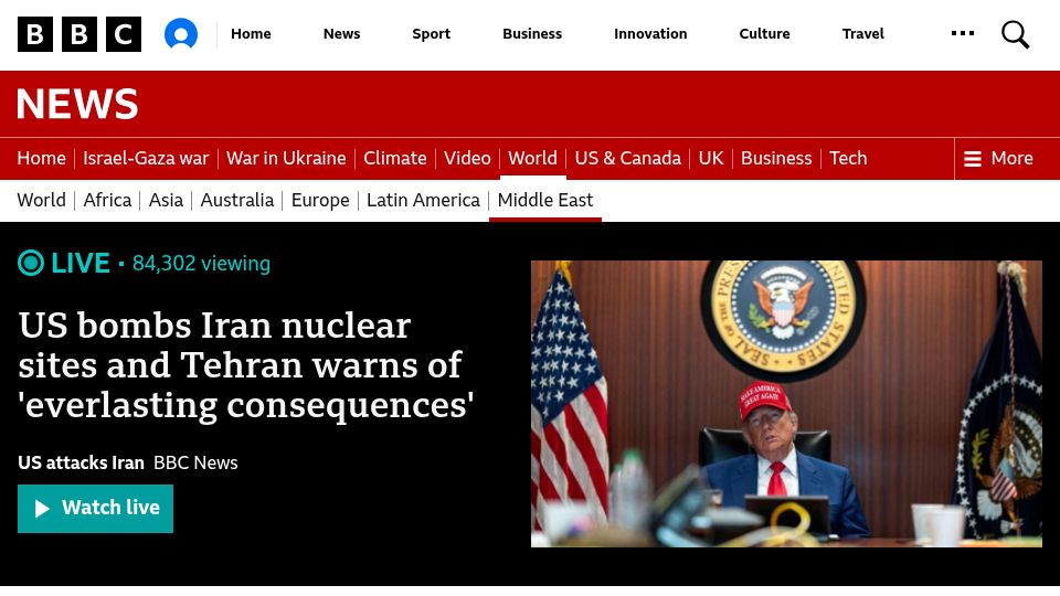 Screenshot of bbc.co.uk: U.S. bombs Iranian nuclear sites