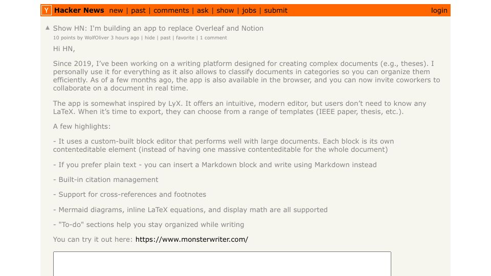 Screenshot of Hacker News post: Show HN: I'm building an app to replace Overleaf and Notion