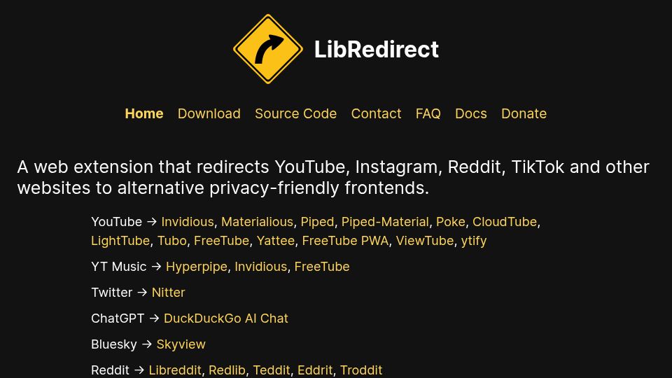 Screenshot of libredirect.github.io: LibRedirect – Redirects popular sites to alternative privacy-friendly frontends