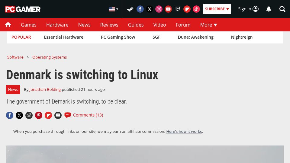 Screenshot of pcgamer.com: Denmark Is Switching to Linux