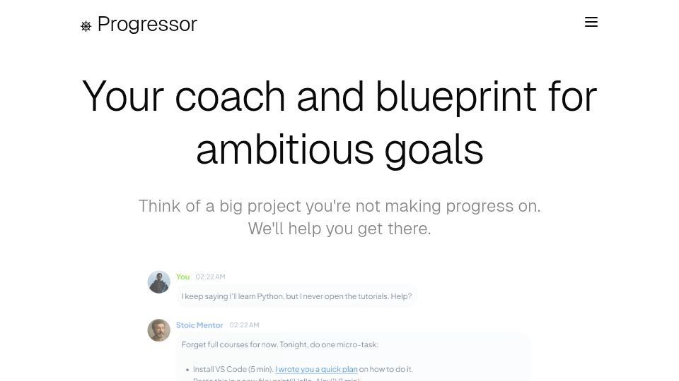 Screenshot of progressor.me: Show HN: Progressor – coach that breaks down big goals into actionable steps