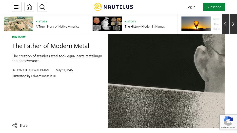 Screenshot of nautil.us: Harry Brearley, the creator of stainless steel (2016)
