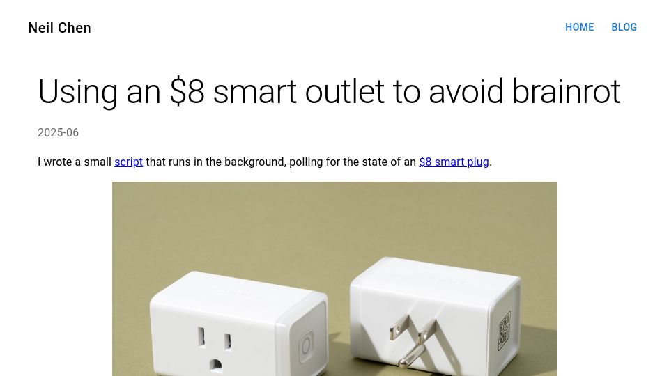 Screenshot of neilchen.co: Using an $8 smart outlet to avoid brainrot
