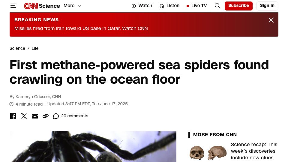 Screenshot of cnn.com: First methane-powered sea spiders found crawling on the ocean floor