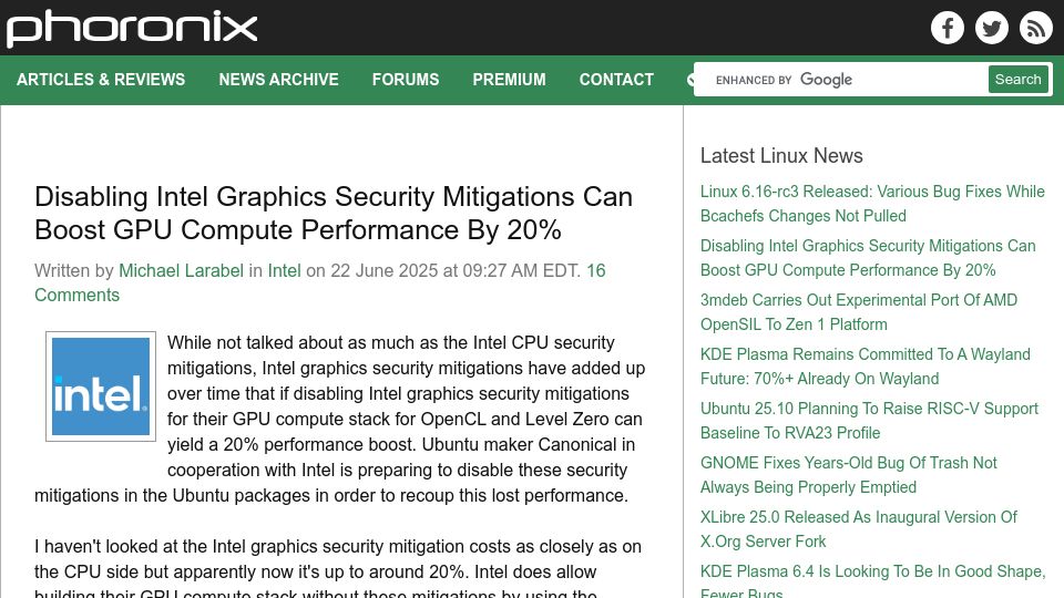 Screenshot of phoronix.com: Disabling Intel Graphics Security Mitigation Boosts GPU Compute Performance 20%