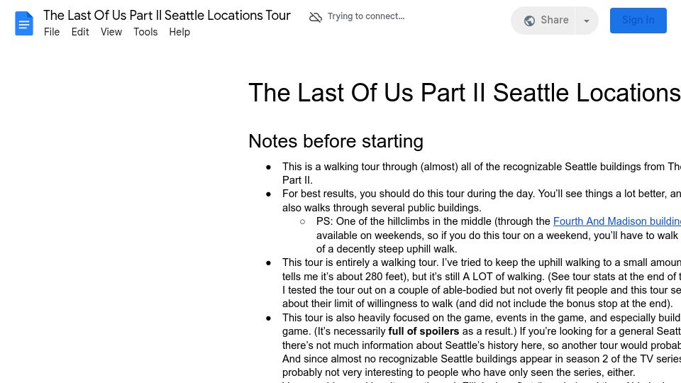 Screenshot of docs.google.com: The Last of Us Part II – Seattle Locations Tour