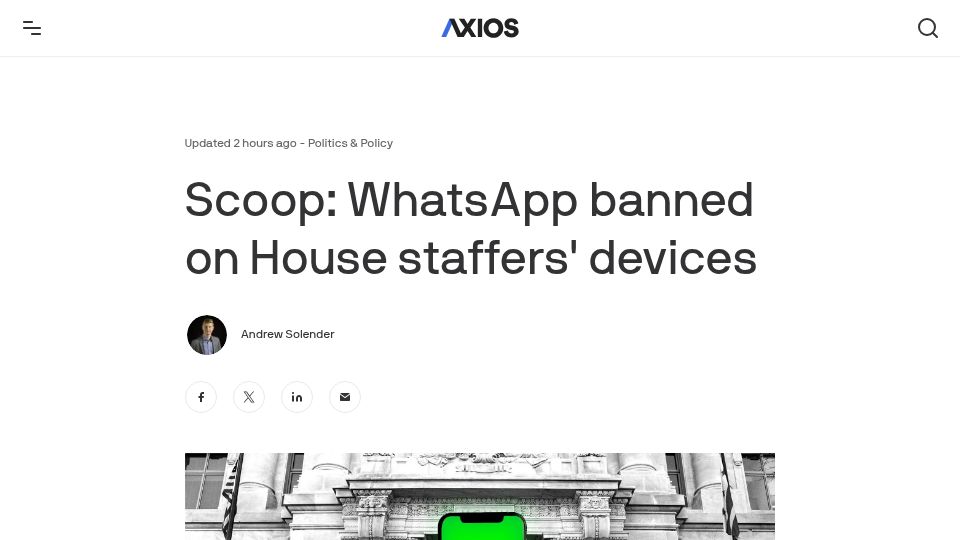 Screenshot of axios.com: WhatsApp banned on House staffers' devices
