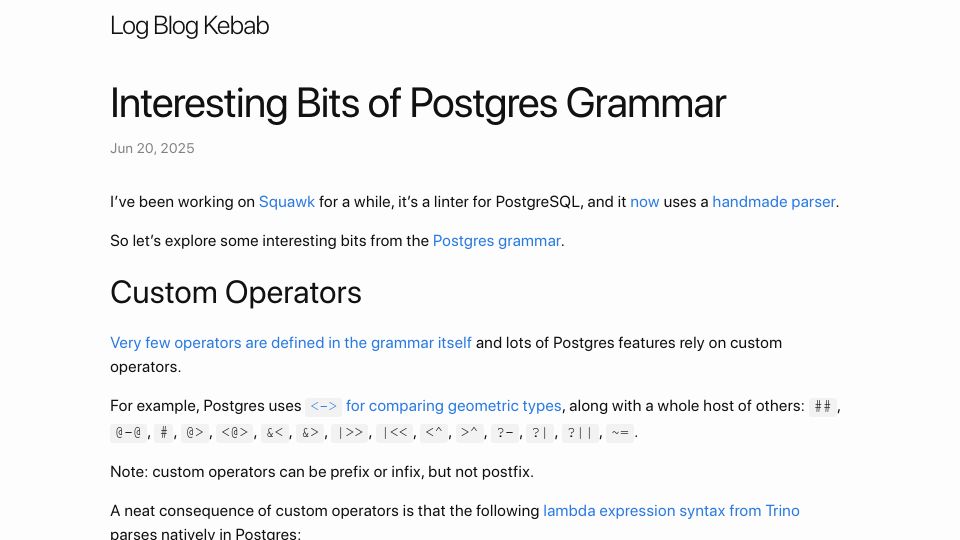 Screenshot of steve.dignam.xyz: Interesting Bits of Postgres Grammar