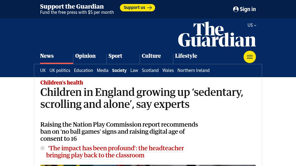 Screenshot of theguardian.com: Children in England growing up 'sedentary, scrolling and alone', say experts