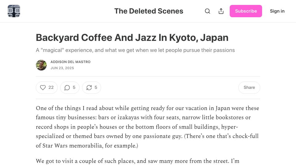 Screenshot of thedeletedscenes.substack.com: Backyard Coffee and Jazz in Kyoto