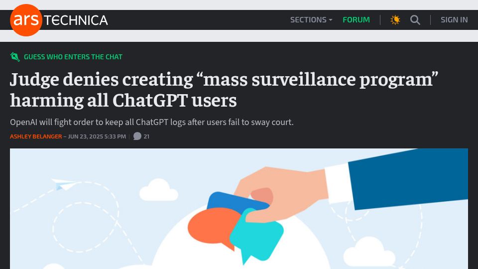 Screenshot of arstechnica.com: Judge denies creating “mass surveillance program” harming all ChatGPT users