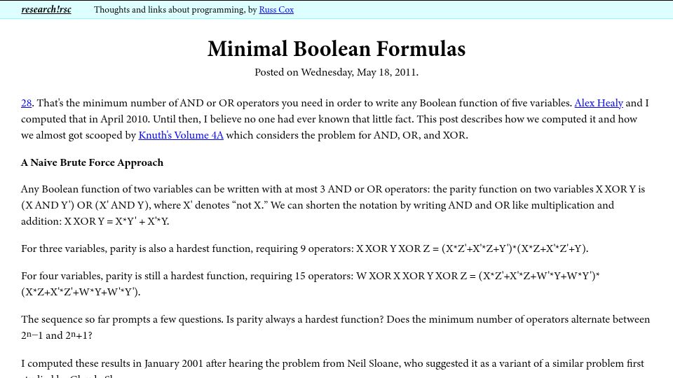 Screenshot of research.swtch.com: Minimal Boolean Formulas (2011)