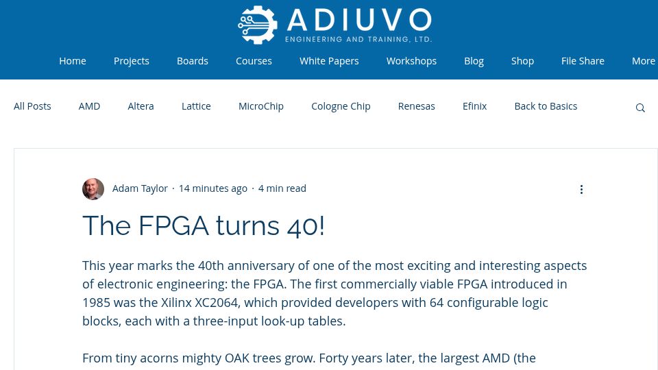 Screenshot of adiuvoengineering.com: The FPGA turns 40