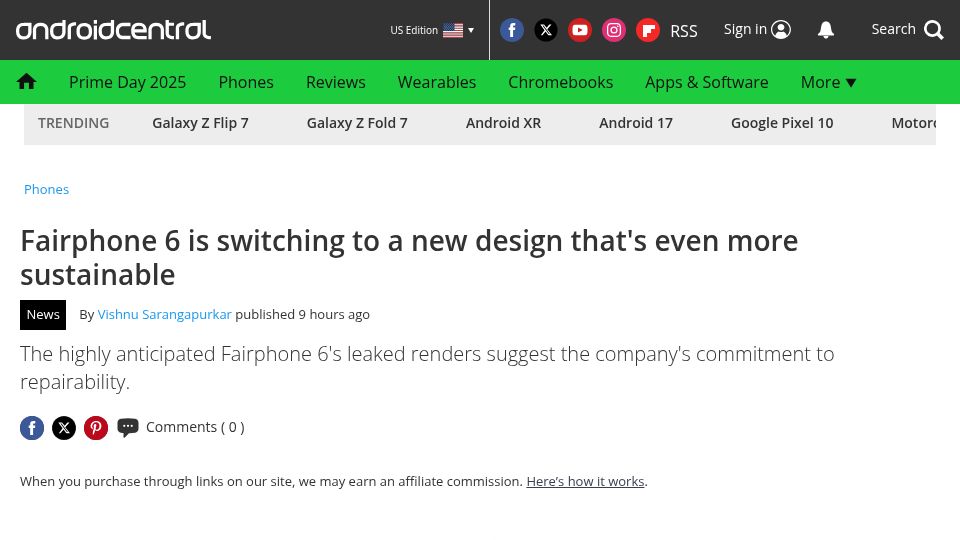 Screenshot of androidcentral.com: Fairphone 6 is switching to a new design that's even more sustainable