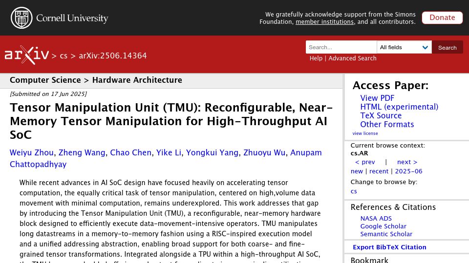 Screenshot of arxiv.org: Tensor Manipulation Unit (TMU): Reconfigurable, Near-Memory, High-Throughput AI