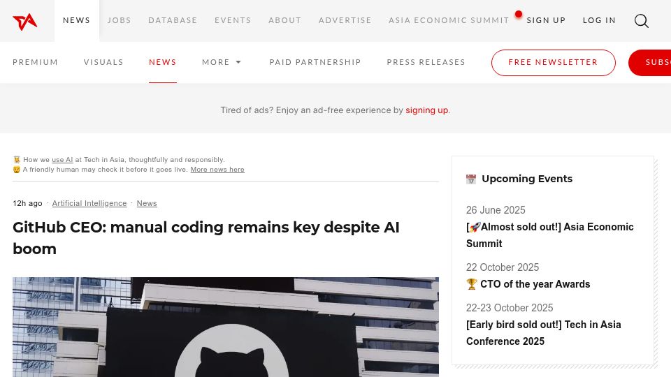 Screenshot of techinasia.com: GitHub CEO: manual coding remains key despite AI boom