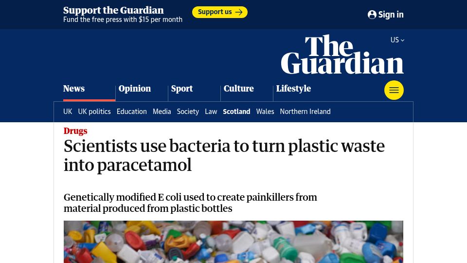 Screenshot of theguardian.com: Scientists use bacteria to turn plastic waste into paracetamol