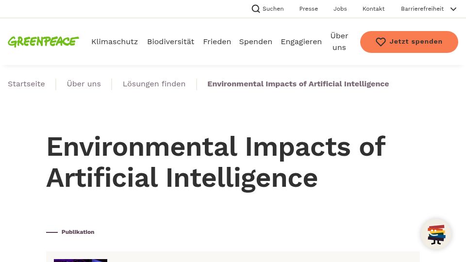Screenshot of greenpeace.de: Environmental Impacts of Artificial Intelligence