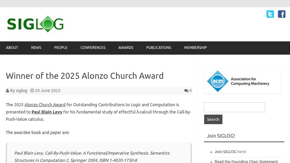 Screenshot of siglog.org: 2025 Alonzo Church Award: Paul Blain Levy for Call-by-Push-Value (CBPV)