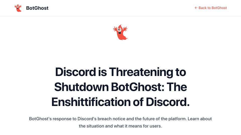Screenshot of update.botghost.com: Discord Is Threatening to Shutdown BotGhost