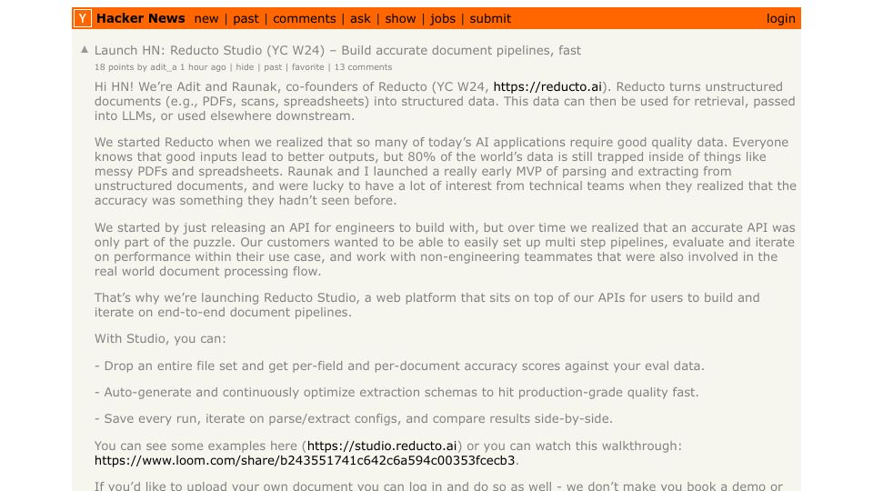 Screenshot of Hacker News post: Launch HN: Reducto Studio (YC W24) – Build accurate document pipelines, fast