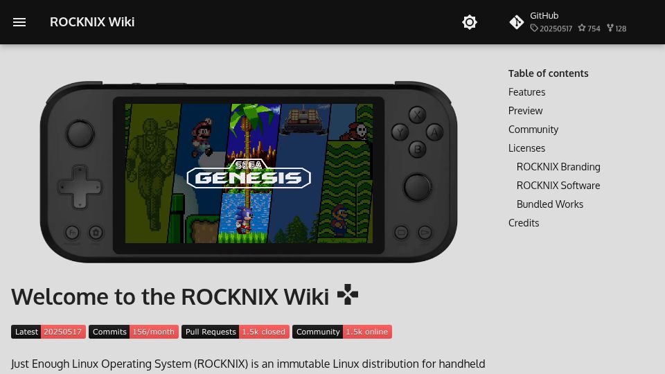Screenshot of rocknix.org: Rocknix is an immutable Linux distribution for handheld gaming devices