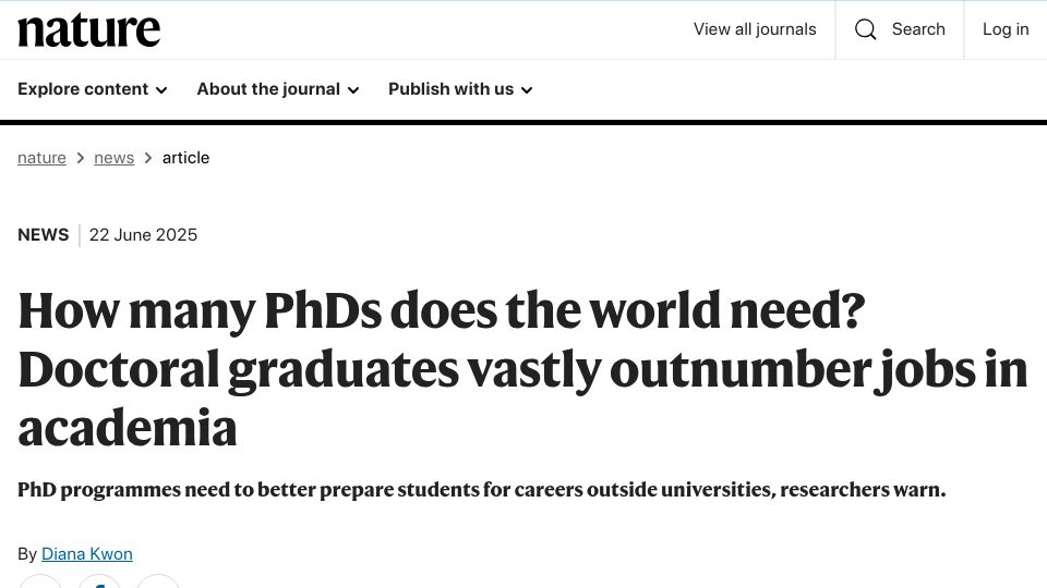 Screenshot of nature.com: How many PhDs does world need? Doctoral graduates outnumber academia jobs
