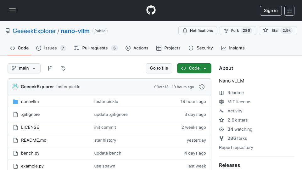 Screenshot of github.com: Nano-Vllm: lightweight vLLM implementation built from scratch