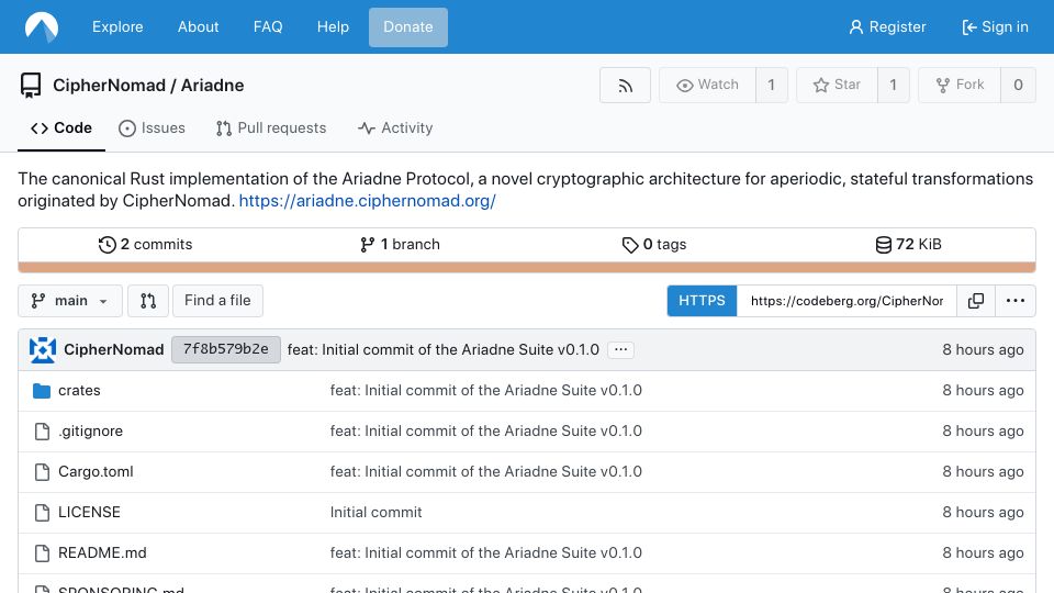 Screenshot of codeberg.org: Show HN: Ariadne – A Rust implementation of aperiodic cryptography
