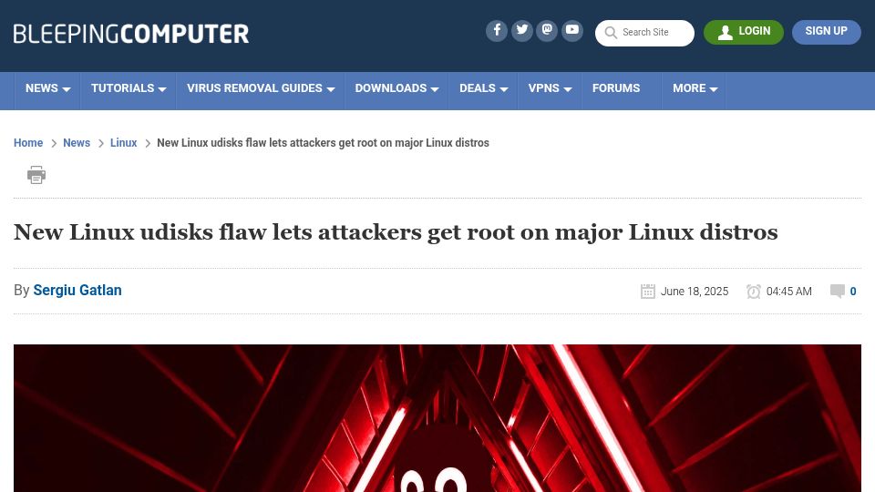 Screenshot of bleepingcomputer.com: New Linux udisks flaw lets attackers get root on major Linux distros