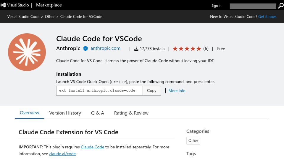 Screenshot of marketplace.visualstudio.com: Claude Code for VSCode