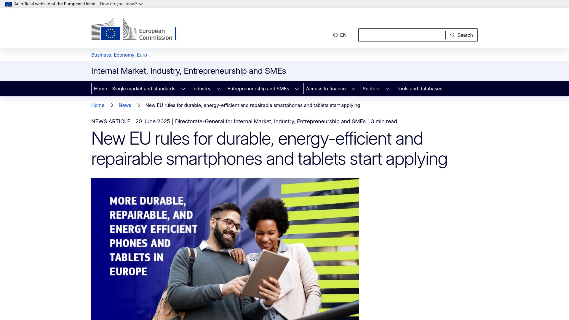 Screenshot of single-market-economy.ec.europa.eu: EU rules for durable, energy-efficient and repairable smartphones and tablets