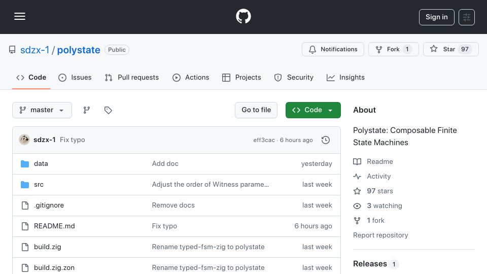 Screenshot of github.com: Polystate: Composable Finite State Machines