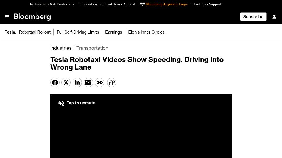 Screenshot of bloomberg.com: Tesla Robotaxi Videos Show Speeding, Driving into Wrong Lane