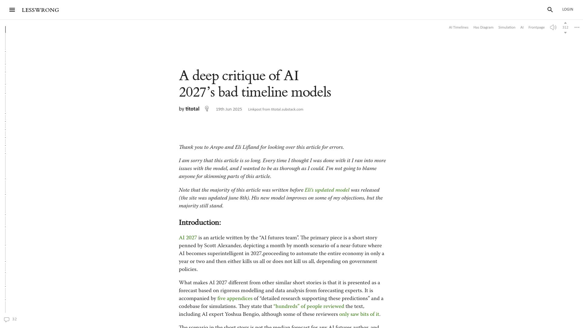Screenshot of lesswrong.com: A deep critique of AI 2027's bad timeline models