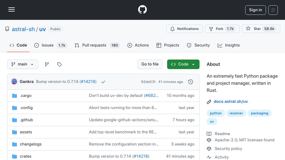 Screenshot of github.com: uv: An extremely fast Python package and project manager, written in Rust
