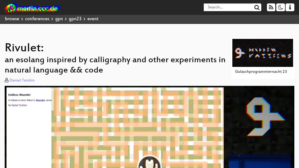 Screenshot of media.ccc.de: Rivulet: An esolang inspired by calligraphy && code [video]