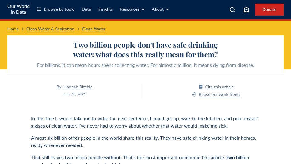 Screenshot of ourworldindata.org: 2B people don't have safe drinking water: what does this mean for them?