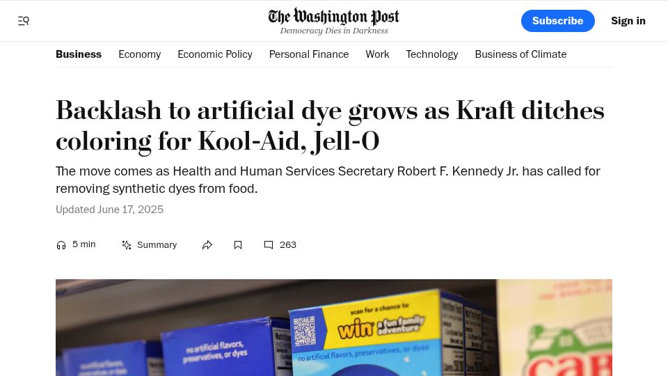 Screenshot of washingtonpost.com: Backlash to artificial dye grows as Kraft ditches coloring for Kool-Aid, Jell-O