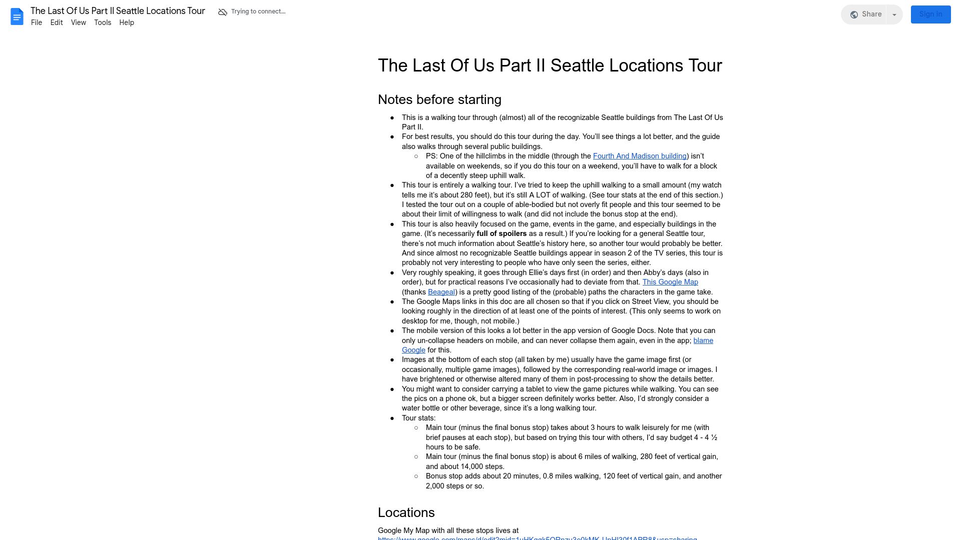 Screenshot of docs.google.com: The Last of Us Part II – Seattle Locations Tour