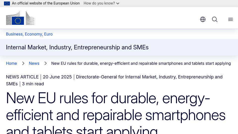 Screenshot of single-market-economy.ec.europa.eu: EU rules for durable, energy-efficient and repairable smartphones and tablets