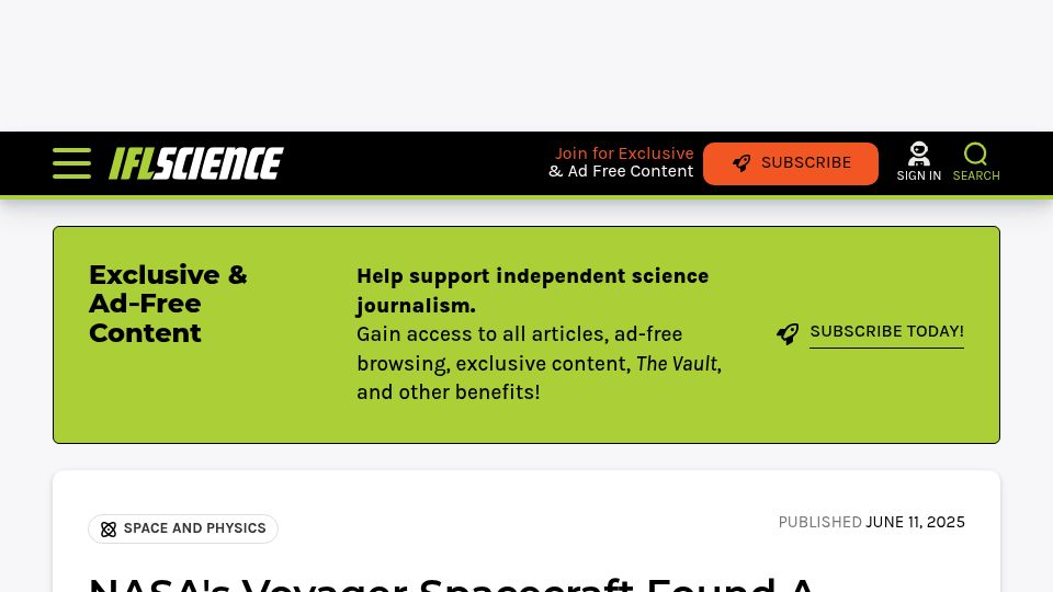 Screenshot of iflscience.com: NASA's Voyager Found a 30k-50k Kelvin "Wall" at the Edge of Solar System