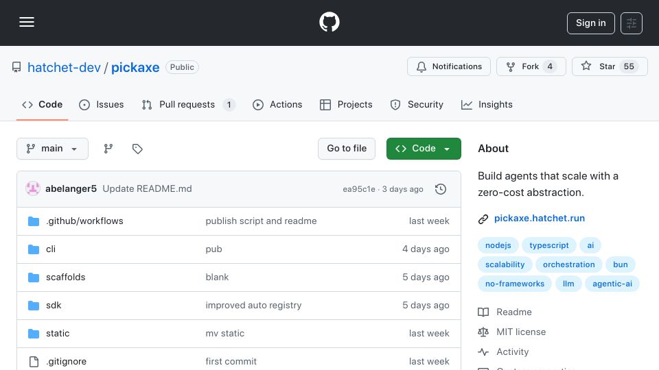 Screenshot of github.com: Show HN: Pickaxe – A TypeScript library for building AI agents