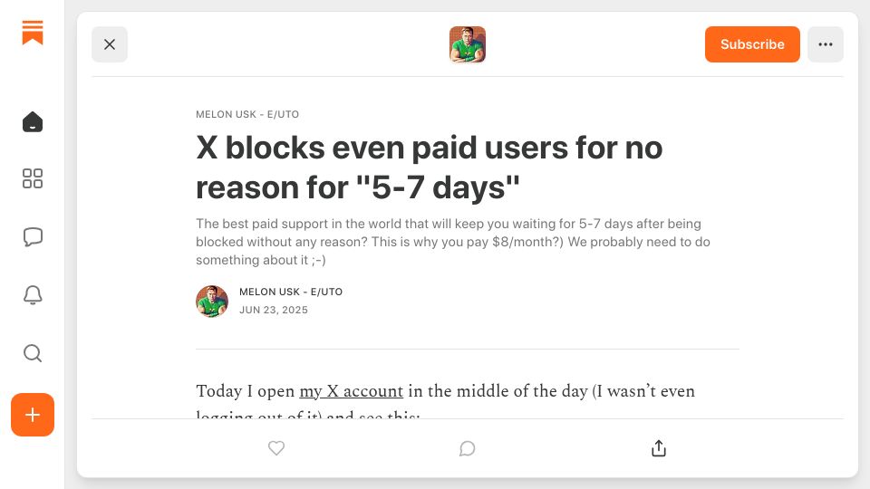 Screenshot of substack.com: X blocked a paid user for no reason for "5-7 days" or forever