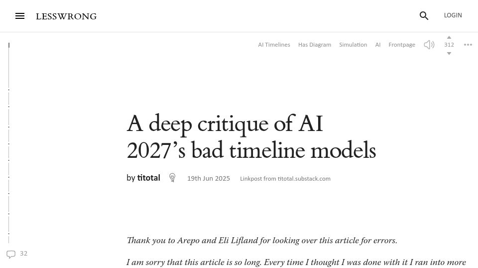 Screenshot of lesswrong.com: A deep critique of AI 2027's bad timeline models