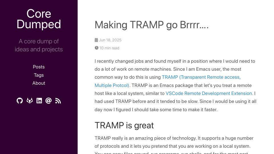Screenshot of coredumped.dev: Making TRAMP faster