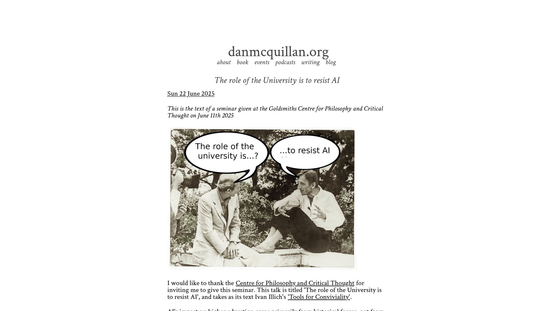 Screenshot of danmcquillan.org: The role of the University is to resist AI