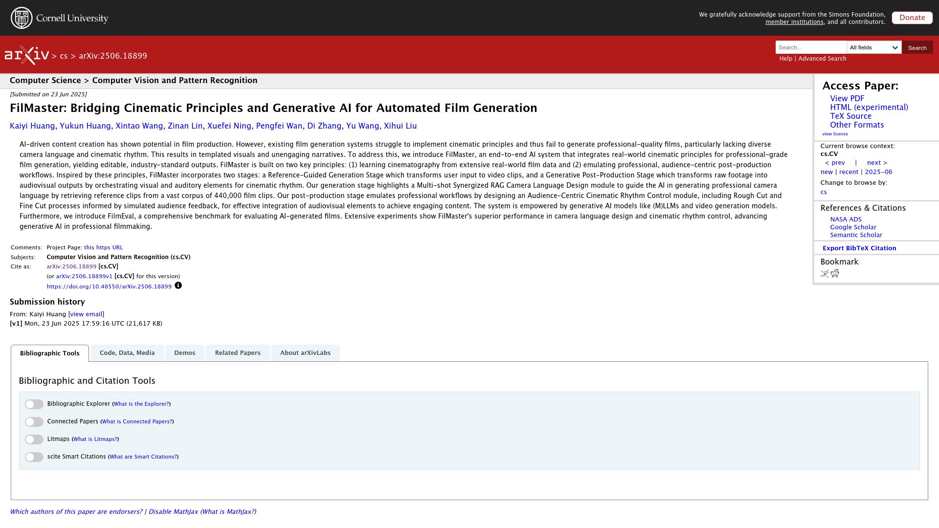 Screenshot of arxiv.org: Bridging Cinematic Principles and Generative AI for Automated Film Generation