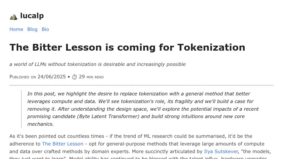 Screenshot of lucalp.dev: The bitter lesson is coming for tokenization