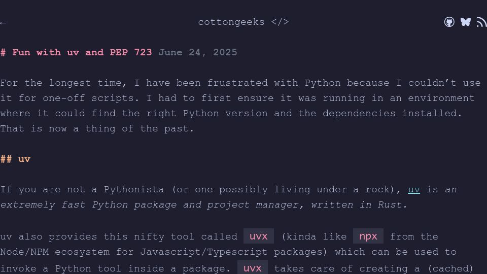 Screenshot of cottongeeks.com: Fun with uv and PEP 723